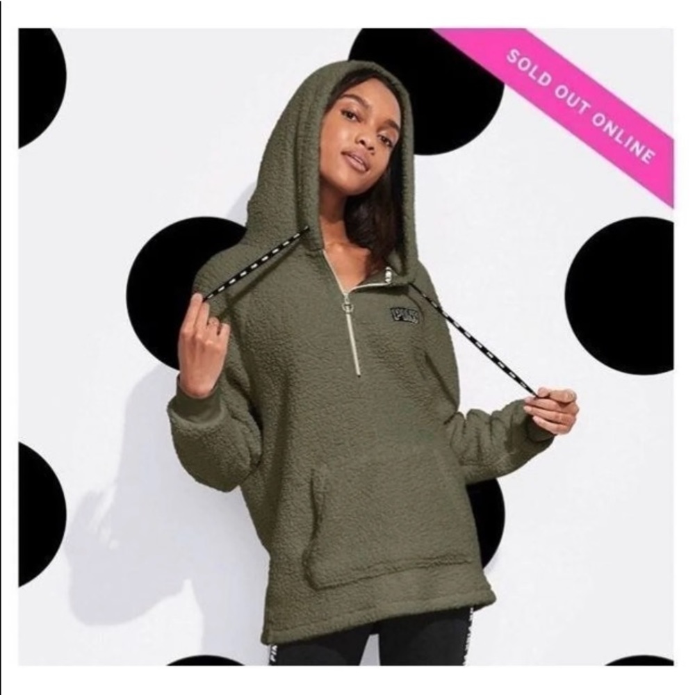 VS PINK ARMY GREEN SHERPA HOODIE NEW